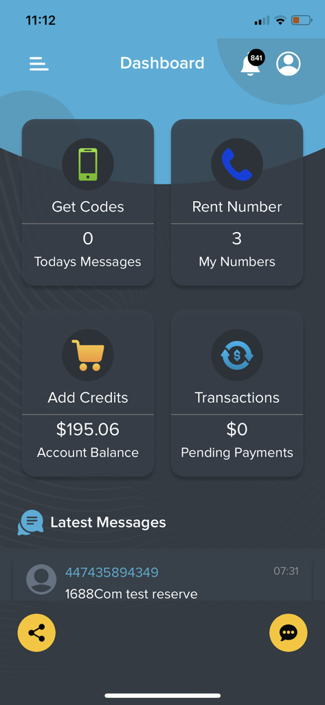 SMSCodes.io - SMSCodes.io 모바일 앱의 메인 대시보드로 계정 잔액, 임대 번호 및 인증 기능을 보여줍니다.