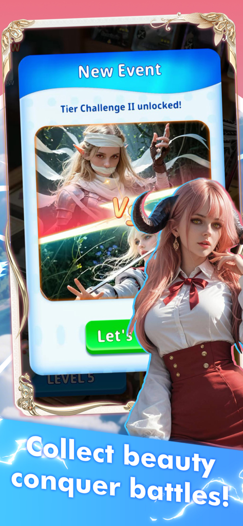 Card Queen:Duel - Captura de tela do jogo mobile Card Queen Duel mostrando um novo evento de desafio de nível com belos personagens de fantasia
