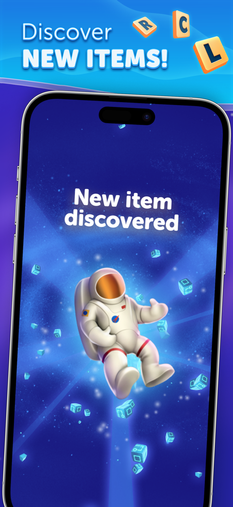 Astronaut schwebt im Weltraum auf dem Entdeckungsbildschirm der LunaCross Crossword App.