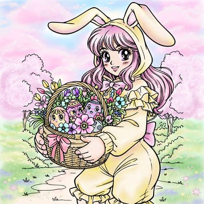 pretty girl in girly and frilly rabbit onesy with floppy bunny ears on the hood, holding a basket with easter eggs and flowers