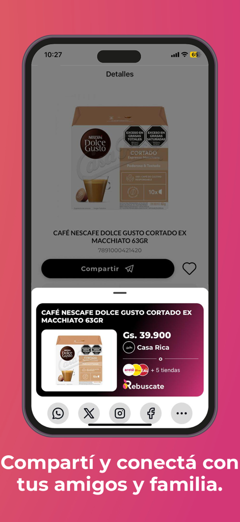 Rebuscate - A screenshot of the Rebuscate app showing product details and a social media share menu for price comparisons.