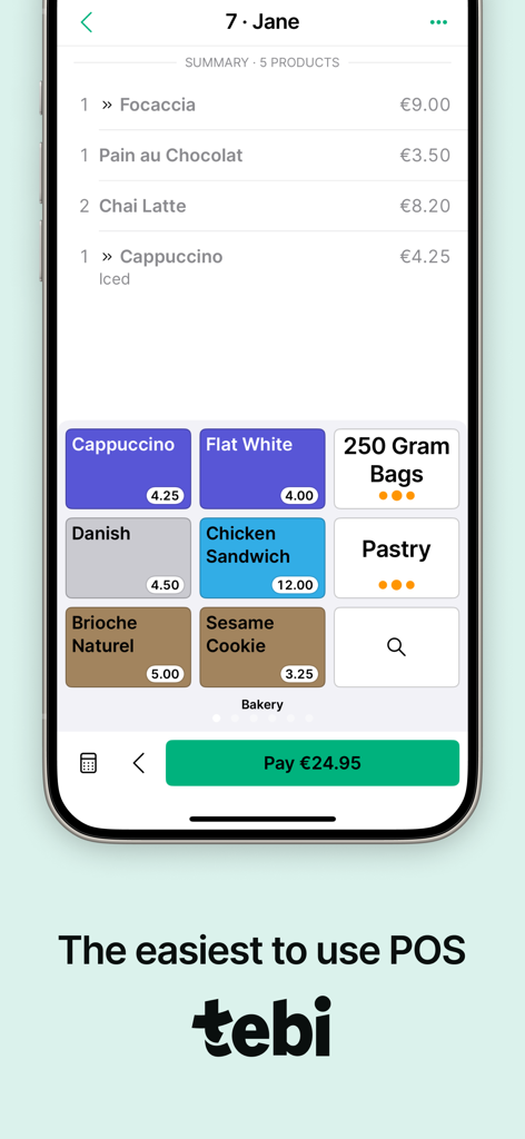 Pantalla de pago móvil de Tebi Point of Sale mostrando artículos de panadería y un botón de pago