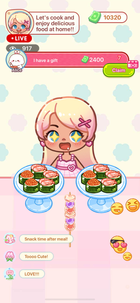Crystal Candy:Mukbang ASMR - A cute character hosting a Mukbang livestream with plates of sushi and crystal candy.
