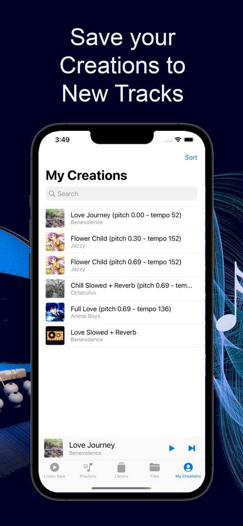 Interfaz de la aplicación Music Speed Changer mostrando una biblioteca de pistas de audio personalizadas guardadas con tono y tempo ajustados.