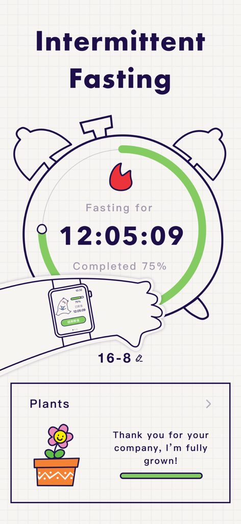 Intermittent Fasting Tracker interface showing a 16-8 fasting timer and Apple Watch integration