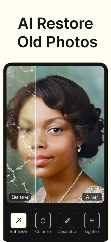 Renew - Restore Old Photos AI - A side-by-side comparison of a damaged vintage portrait before and after AI restoration and colorization