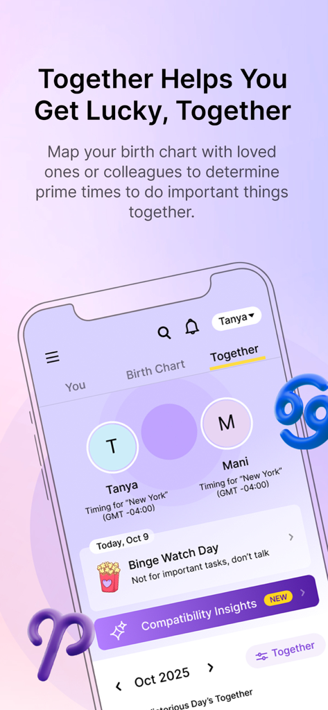 align27 Vedic Astrology Guide - Oberfläche der align27 App, die die Funktion 'Zusammen' für die Kompatibilität von Geburtshoroskopen und gemeinsame Planung zwischen Benutzern zeigt.