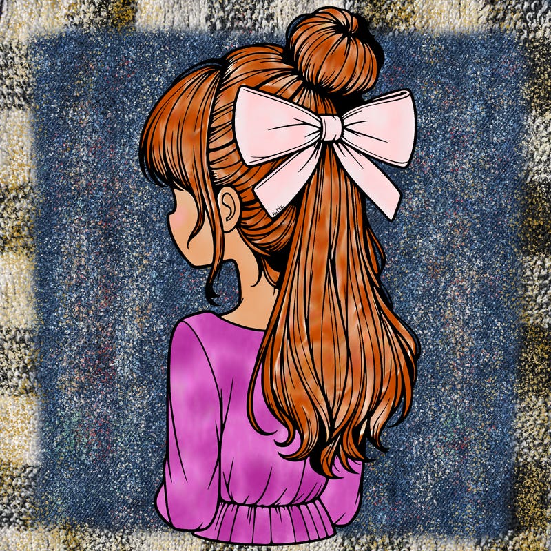 realistic girl  with hip length hair a bun and a big bow on the back of head
