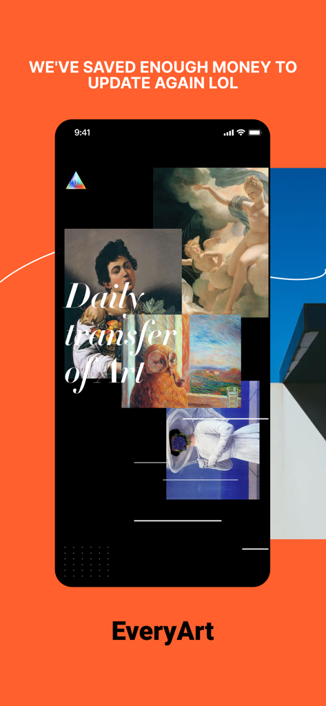 EveryArtアプリのモックアップ。古典絵画のコラージュと、オレンジ色の背景に「Daily transfer of Art」というテキストが表示されています。