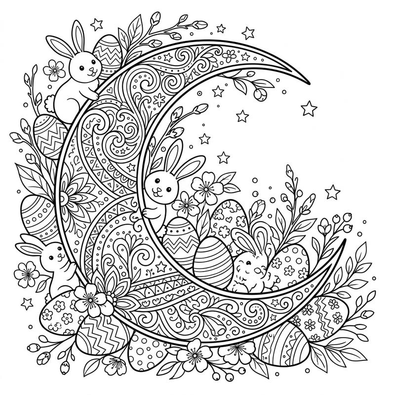 Dive into a uniquely intricate Easter scene with this adult coloring page, blending the serene beauty of a half moon with playful bunnies and ornate eggs. It's the perfect artistic escape to celebrate the season with creativity and calm.