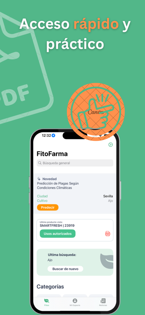 Panel de la aplicación móvil FitoFarma que muestra la búsqueda de productos agrícolas y las funciones de predicción de plagas por IA
