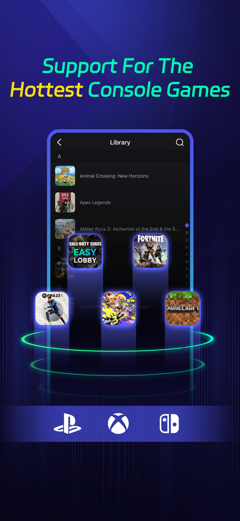 LagoFast Console - LagoFast Console app library interface showing supported popular games like Fortnite and Call of Duty for PlayStation, Xbox, and Nintendo Switch