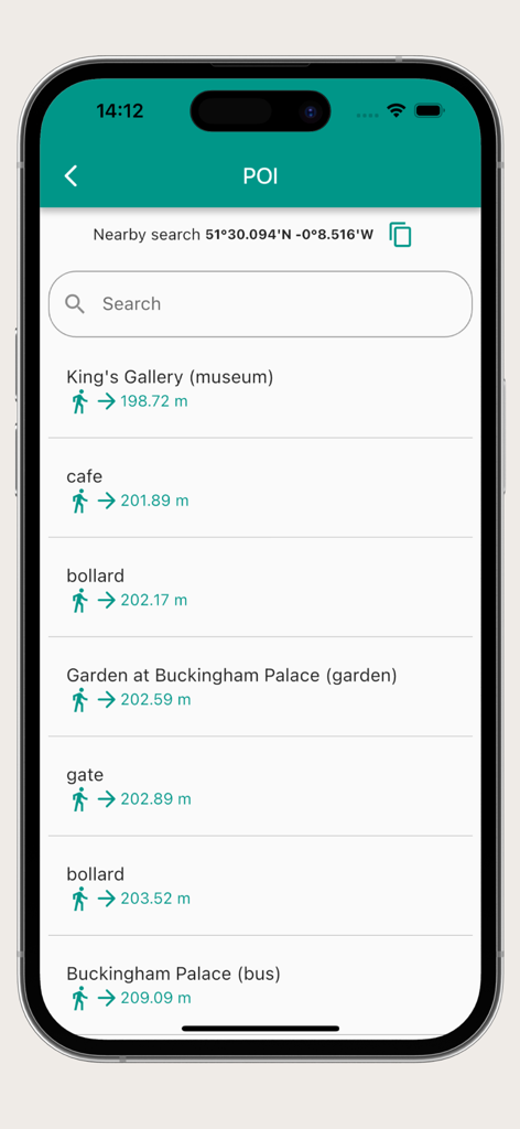 World map offline - List of nearby points of interest with distance indicators in the offline map app