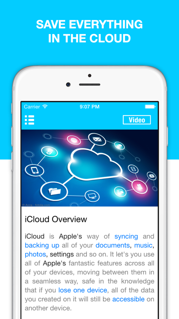 문서 및 사진 동기화 및 백업 개요를 보여주는 Guide for iCloud 앱 스크린샷
