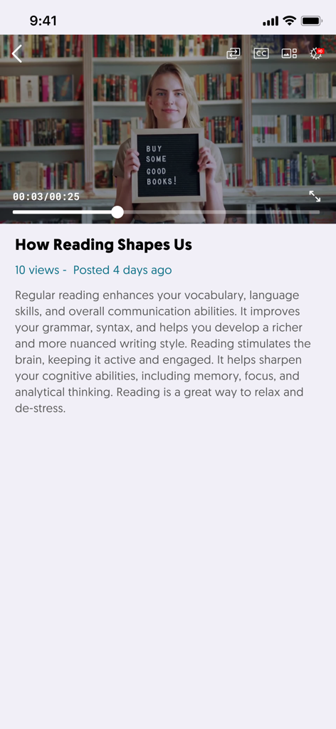 YuJa Lumina - Player de vídeo do aplicativo móvel YuJa Lumina mostrando uma aula educacional sobre benefícios de leitura
