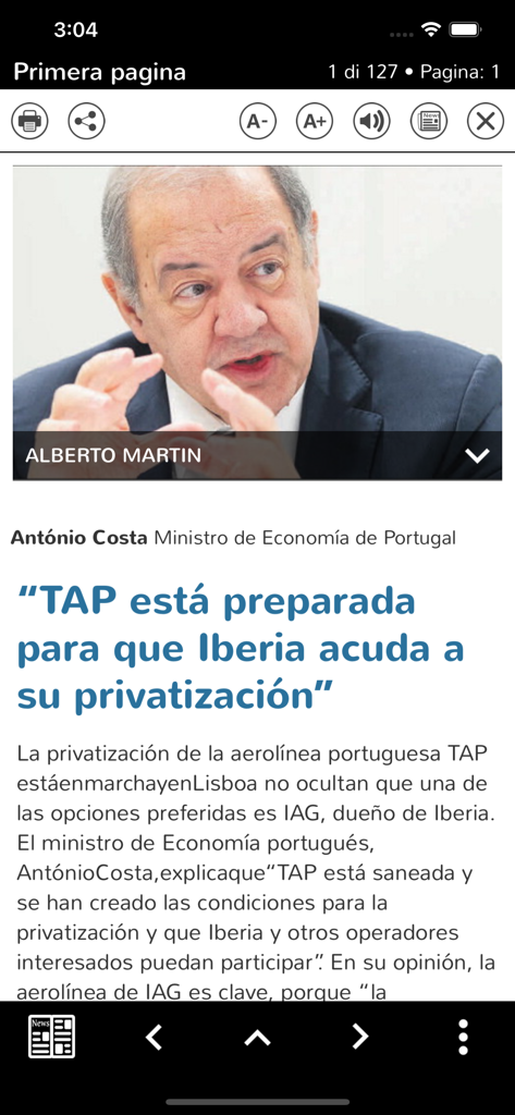 Interfaz de un artículo de noticias económicas en la aplicación Kiosco elEconomista que muestra un titular sobre privatización e iconos de navegación.