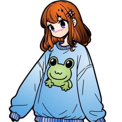 girl wearing frogging sweatshirt