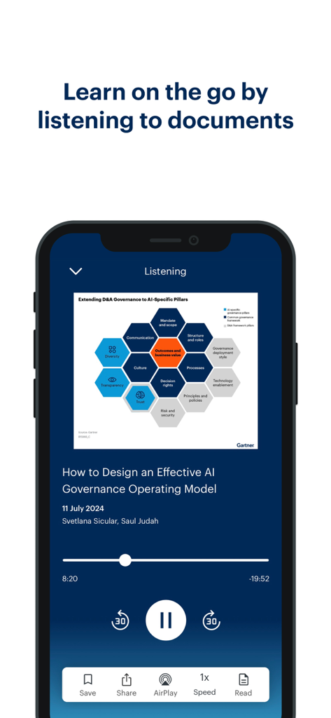 My Gartner Mobile - Interface de l'application My Gartner Mobile montrant le lecteur audio pour écouter un document de recherche sur la gouvernance de l'IA.