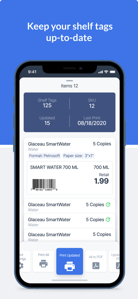 Retail360® - Retail360 mobile app interface showing a list of shelf tags ready for printing including product names barcodes and pricing