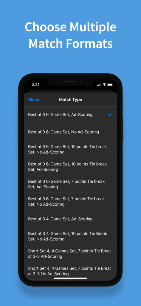 eyes3: AI LineCall and VAR - Smartphone screen displaying various tennis match format settings in the eyes3 app