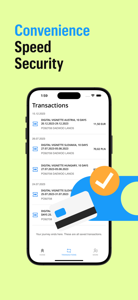 Autopay. Vignettes, motorway - Digital vignette transaction history in the Autopay app showing purchased highway passes for European countries.