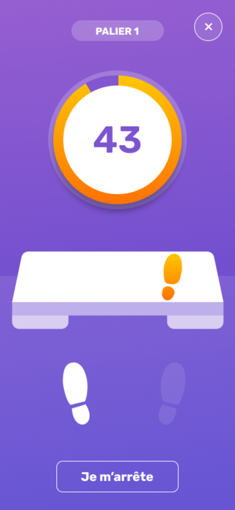 Metsup - Cardio Test - Metsup app interface showing a submaximal cardio step test with a timer and step platform visual.