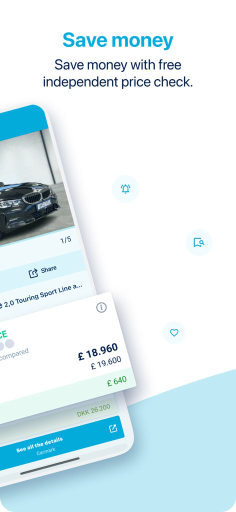 AutoUncle mobile app interface showing a used car listing with price evaluation and a save money headline