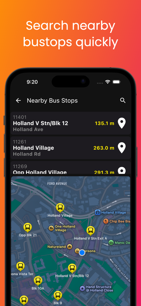 SG Bus Buddy app interface showing a list of nearby bus stops and a location map in dark mode.