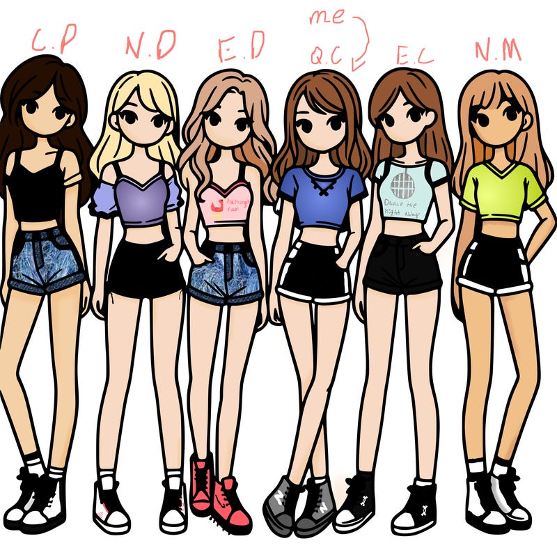 a group of girls wearing crop tops and shorts