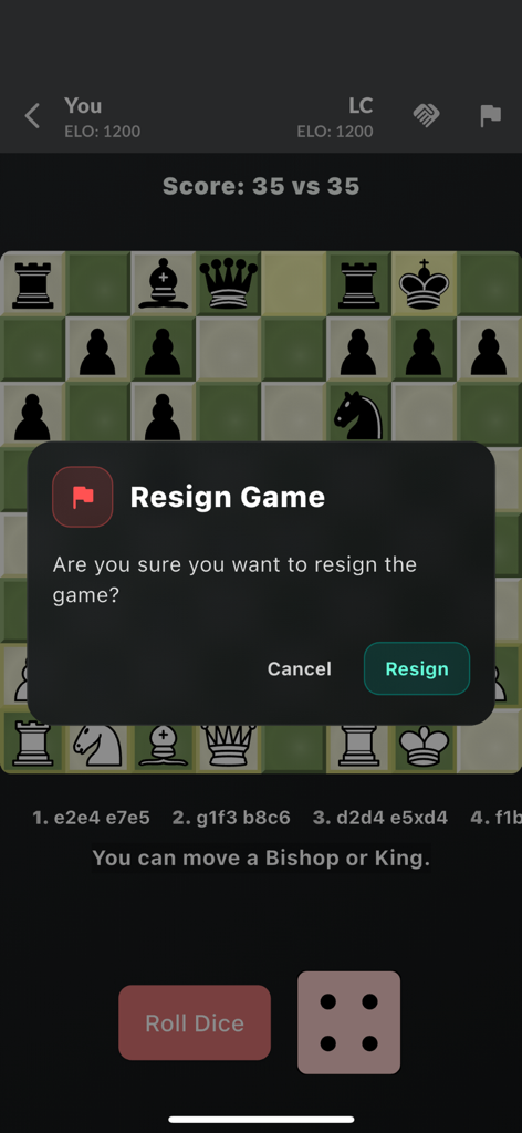 Ludo Chess: Roll the Dice - Ludo Chess gameplay showing a resign game dialog and dice roll results for Bishop and King moves