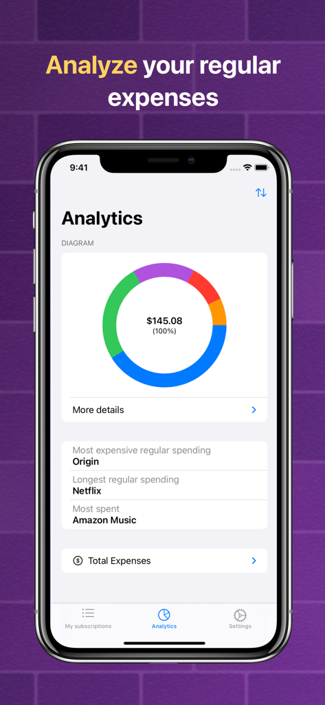 Suber app analytics screen showing a donut chart of monthly subscription costs and spending statistics