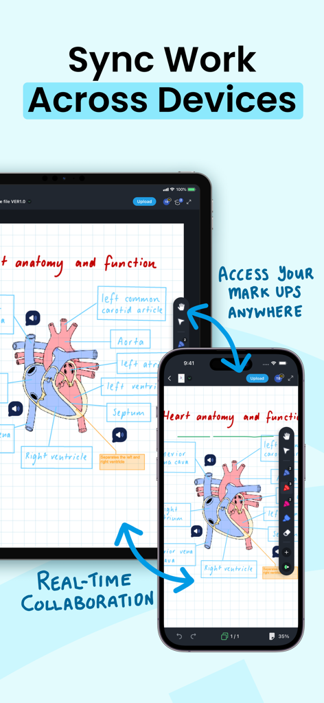 Drawboard PDF Annotate, Markup - iPad and iPhone screens showing synchronized PDF heart anatomy annotations and real-time collaboration