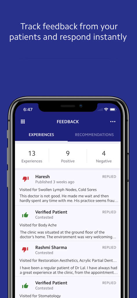 Practo Pro - For Doctors - A smartphone displaying the Practo Pro app feedback screen with patient reviews and ratings summary.