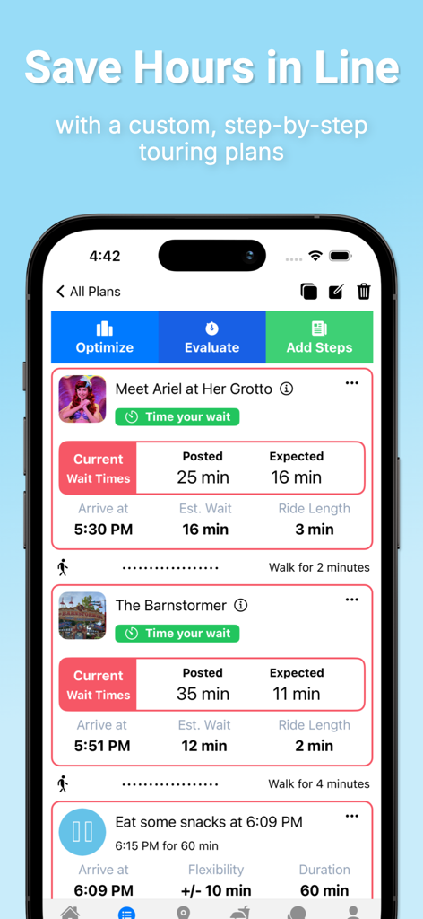 Disney World Lines app interface showing a step-by-step touring plan with optimized wait times