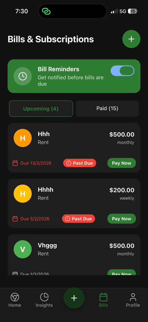 Budget Buddy: Save & Track - Interface of Budget Buddy app showing bill reminders and subscription management list