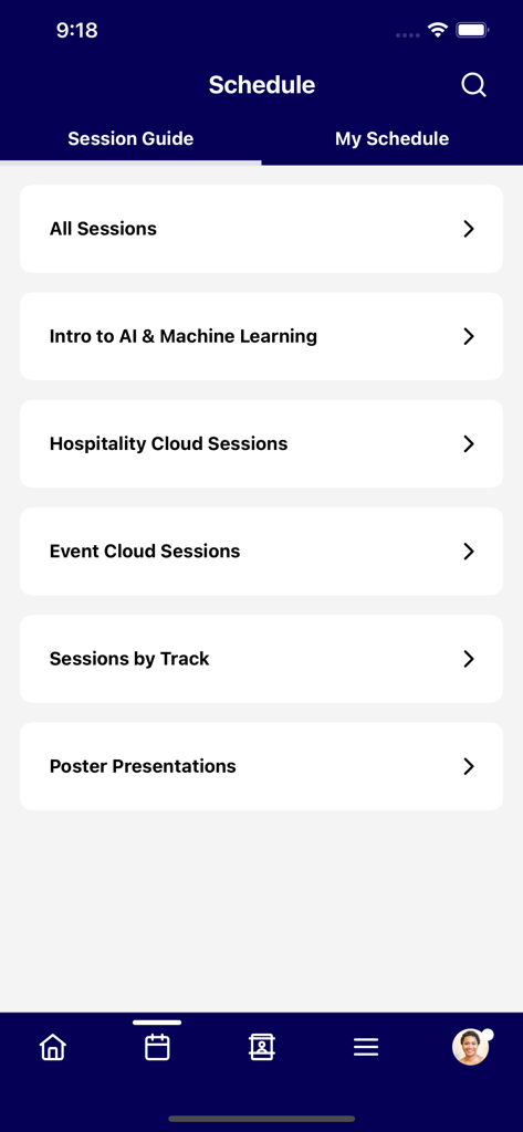 Cvent Events - The schedule screen of the Cvent Events app showing session categories like AI and Machine Learning.