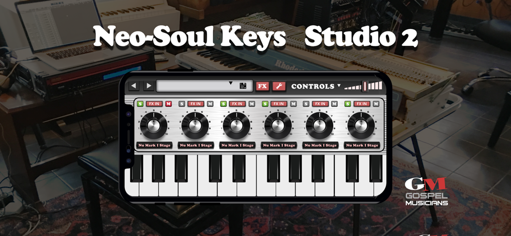 Neo-Soul Keys® Studio 2 - Interface de l'application Neo Soul Keys Studio 2 montrant les touches du piano et les contrôles sonores sur un smartphone