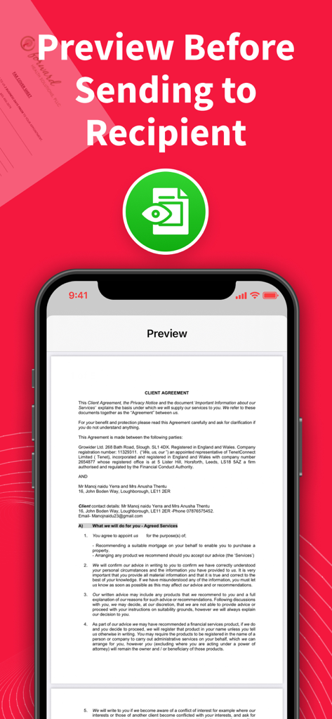 Una pantalla de smartphone mostrando una vista previa de documento dentro de la interfaz de la aplicación Easy FAX.