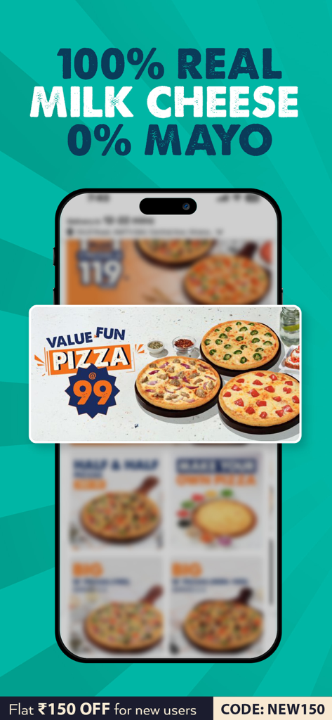 MOJO Pizza: Food Delivery App - Écran de l'application MOJO Pizza présentant du fromage à base de 100 % de vrai lait et des offres de pizzas au meilleur rapport qualité-prix