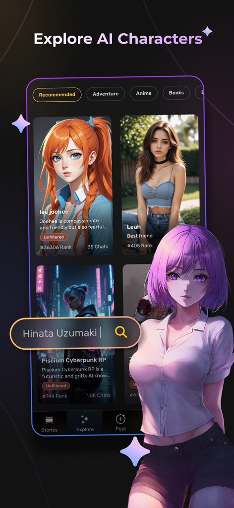 wsup.ai - Interface of the wsup.ai app showing a gallery of AI characters with different styles like anime and realistic for users to explore and chat with
