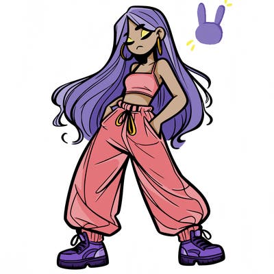 girl in baggy pants crop top and long hair