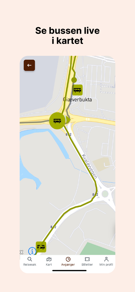 Svipper - Svipper app interface showing a real-time transit map with live bus locations and route progress in Troms.