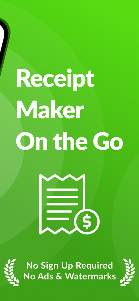 Ace Receipt Maker app promotional screen highlighting mobile receipt creation with no signup required and no watermarks.