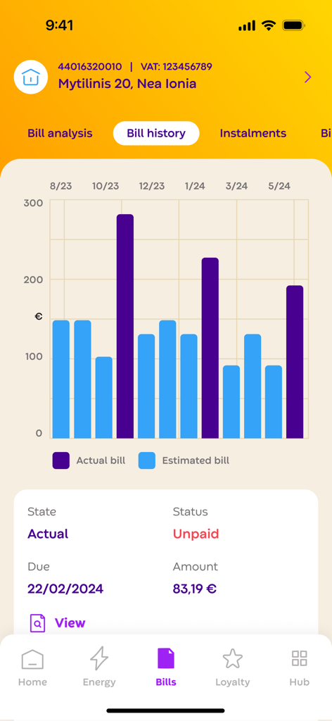 Protergia - Écran de l'application Protergia affichant un graphique à barres de l'historique des factures comparant les factures d'énergie réelles et estimées