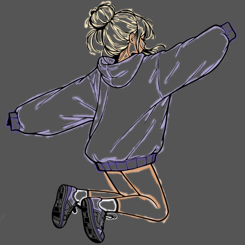 realistic girl jumping with a bun and oversized sweatshirt