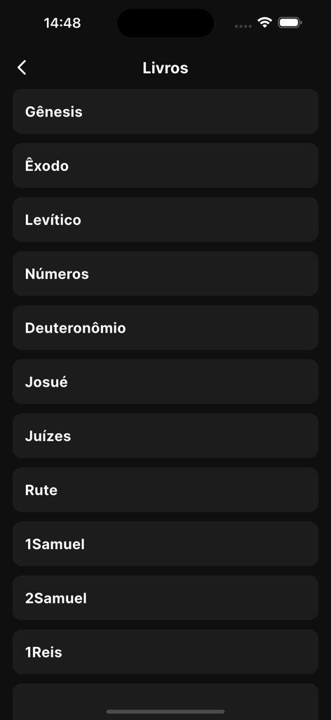 My Bible - Una lista de libros de la Biblia en portugués mostrada en una interfaz limpia en modo oscuro