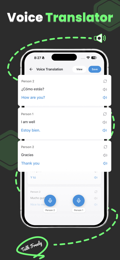 Real Time Translator -RTT Live - スマートフォン画面に、英語とスペイン語の話者間のリアルタイム音声翻訳が表示されています。
