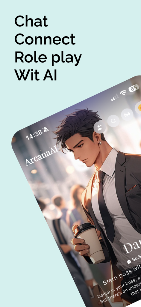 ArcanaAI: AI Roleplay Chat - ArcanaAI mobile app screenshot showing an anime character and roleplay chat features