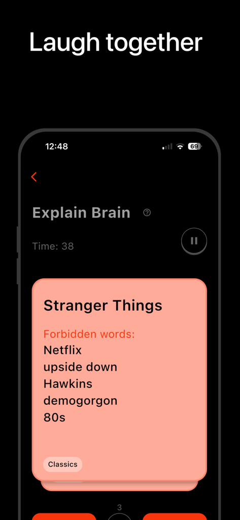 Social Gamebox Family app showing the Explain Brain party game screen.