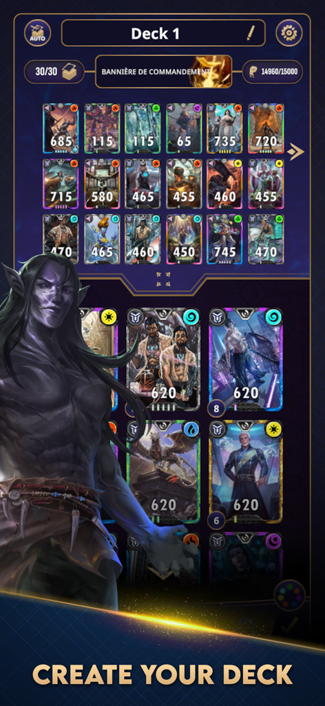 Cross The Ages: TCG - Cross The Ages TCG deck builder interface displaying a variety of tactical fantasy cards